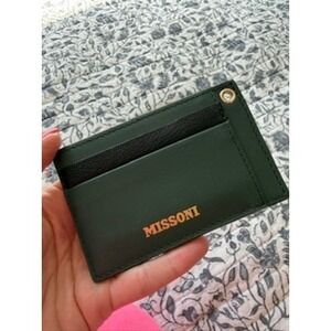 Missoni Forest Green Black Leather Card Holder Wallet Gold Logo Slim Case x123